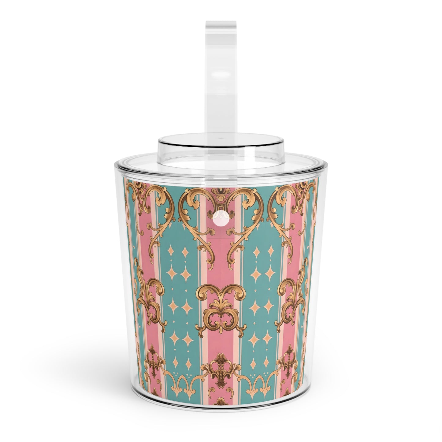 Chic Decorative Ice Bucket with Tongs, Elegant Party Cooler, Summer Beverage Chiller - Pink & Matte Turquoise Striped Rococo