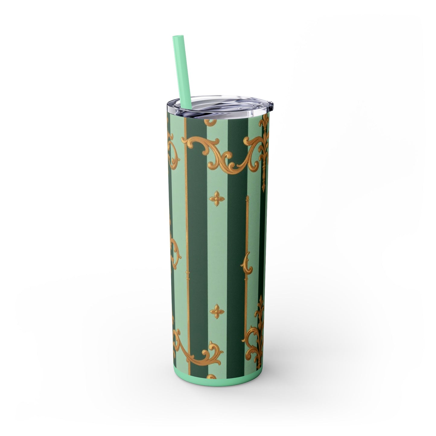 Elegant Floral Skinny Tumbler with Straw, 20oz – Stylish Travel Mug, Eco-Friendly Reusable Cup - Mint Green & Teal Striped Gold Baroque