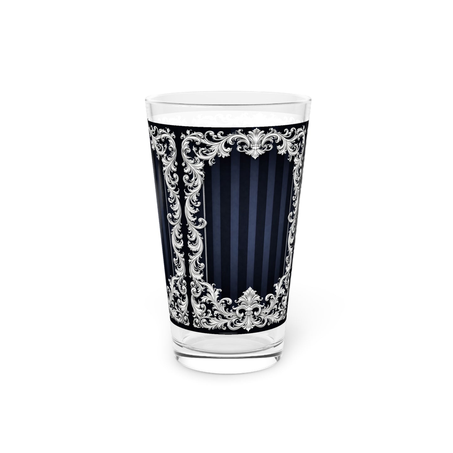 Navy Stripes & Baroque Pint Glass – Ornate Vintage Frame 16oz
