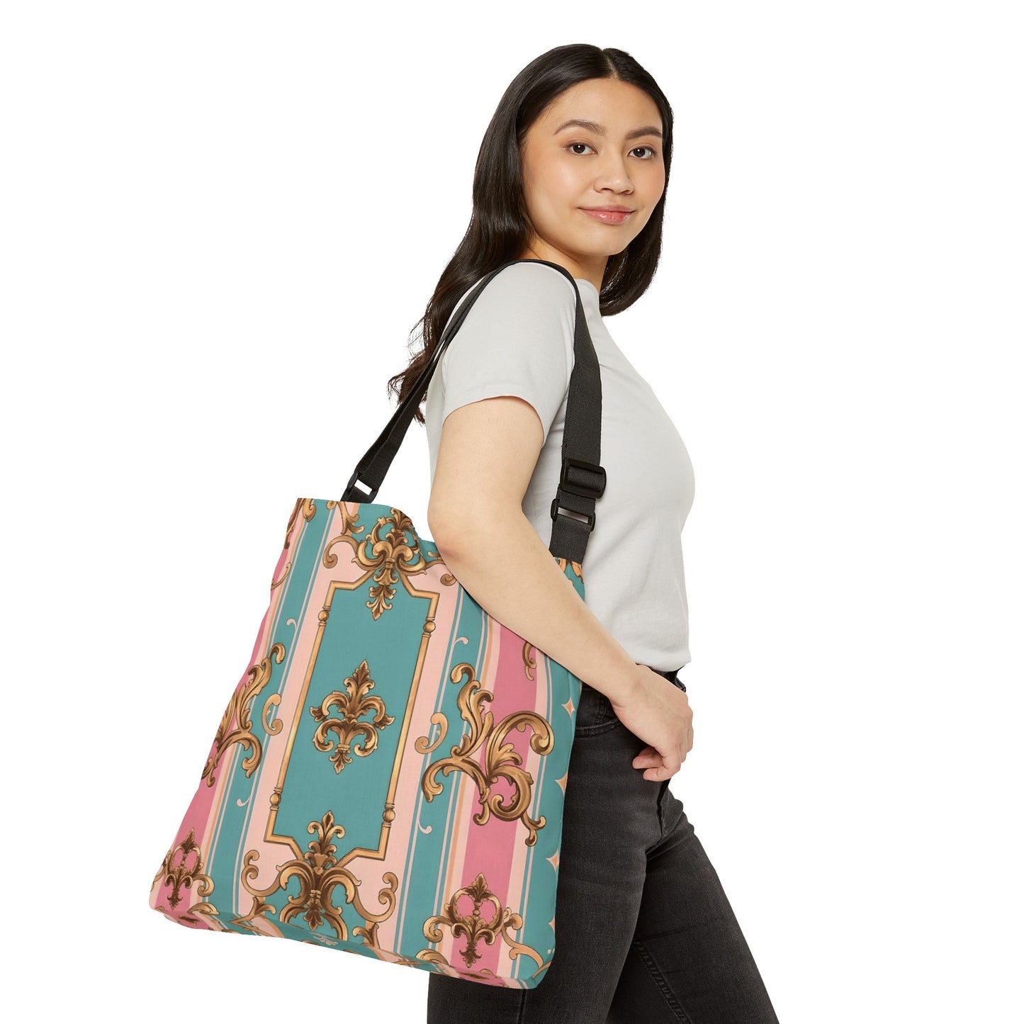 Elegant Vintage Floral Adjustable Tote Bag, Stylish Handbag, Everyday Use, Gift for Her - Pink & Matte Turquoise Striped Rococo