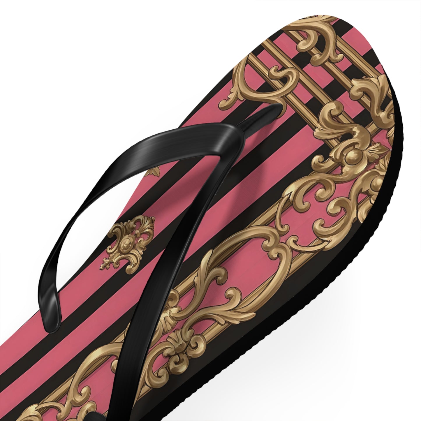 Chic Flip Flops, Stylish Summer Sandals, Beachwear, Poolside Accessories, Vacation Footwear, Trendy Casual Shoes - Pink Striped Gold Rococo