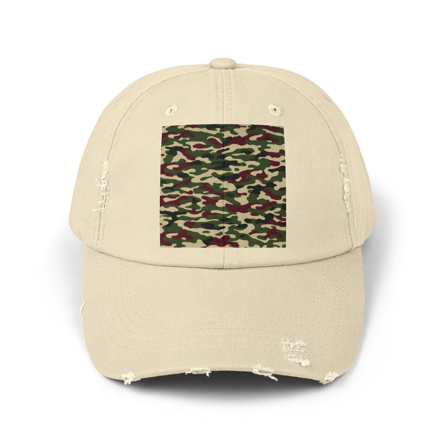 Camo Distressed Cap | Unisex Fashion Hat, Trendy Outdoor Accessory, Gift for Him/Her, Casual Wear, Sports Cap - Army Green & Burgundy Camo