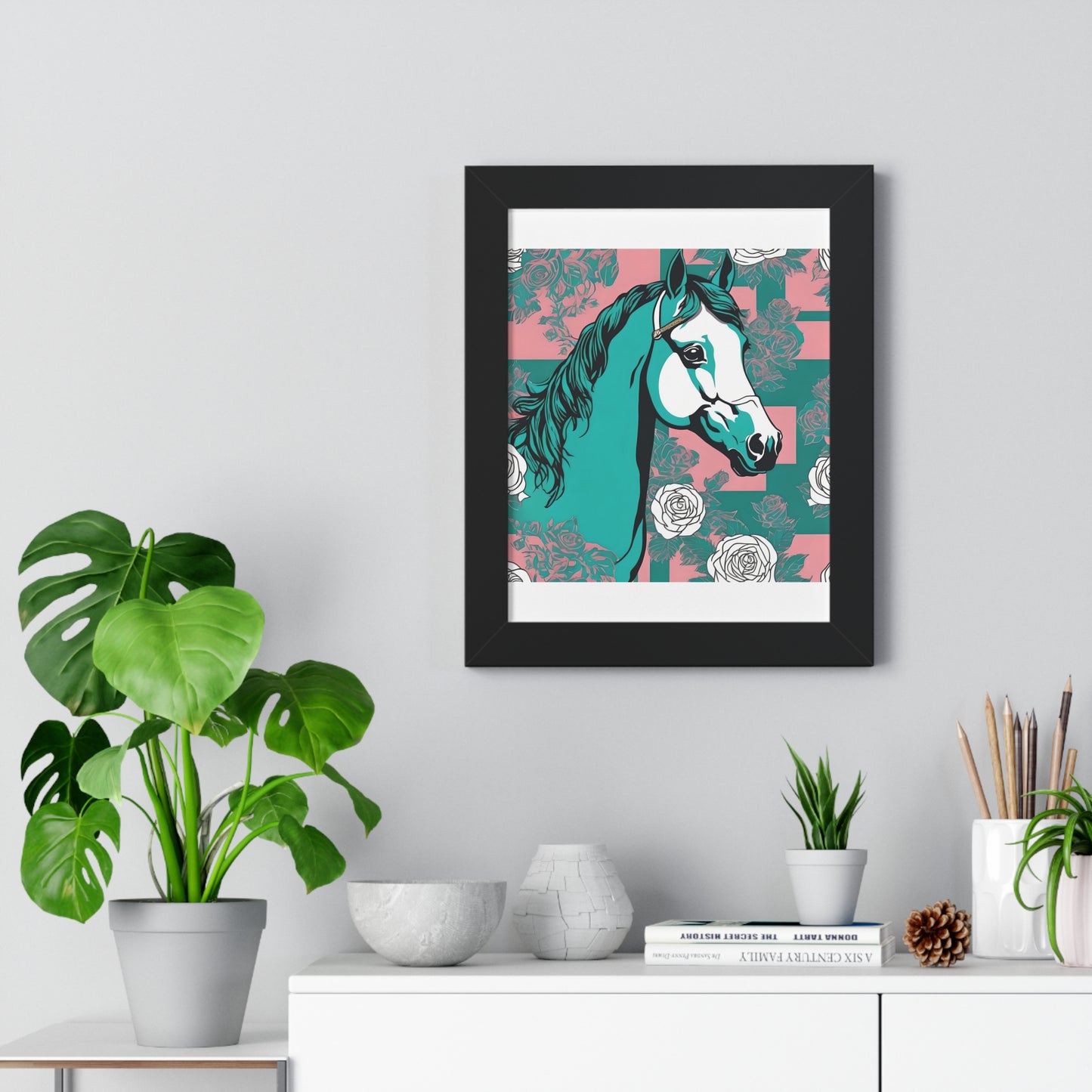 Vertical Poster - Stylish Modern Art for Home Decor - Teal & White Horse