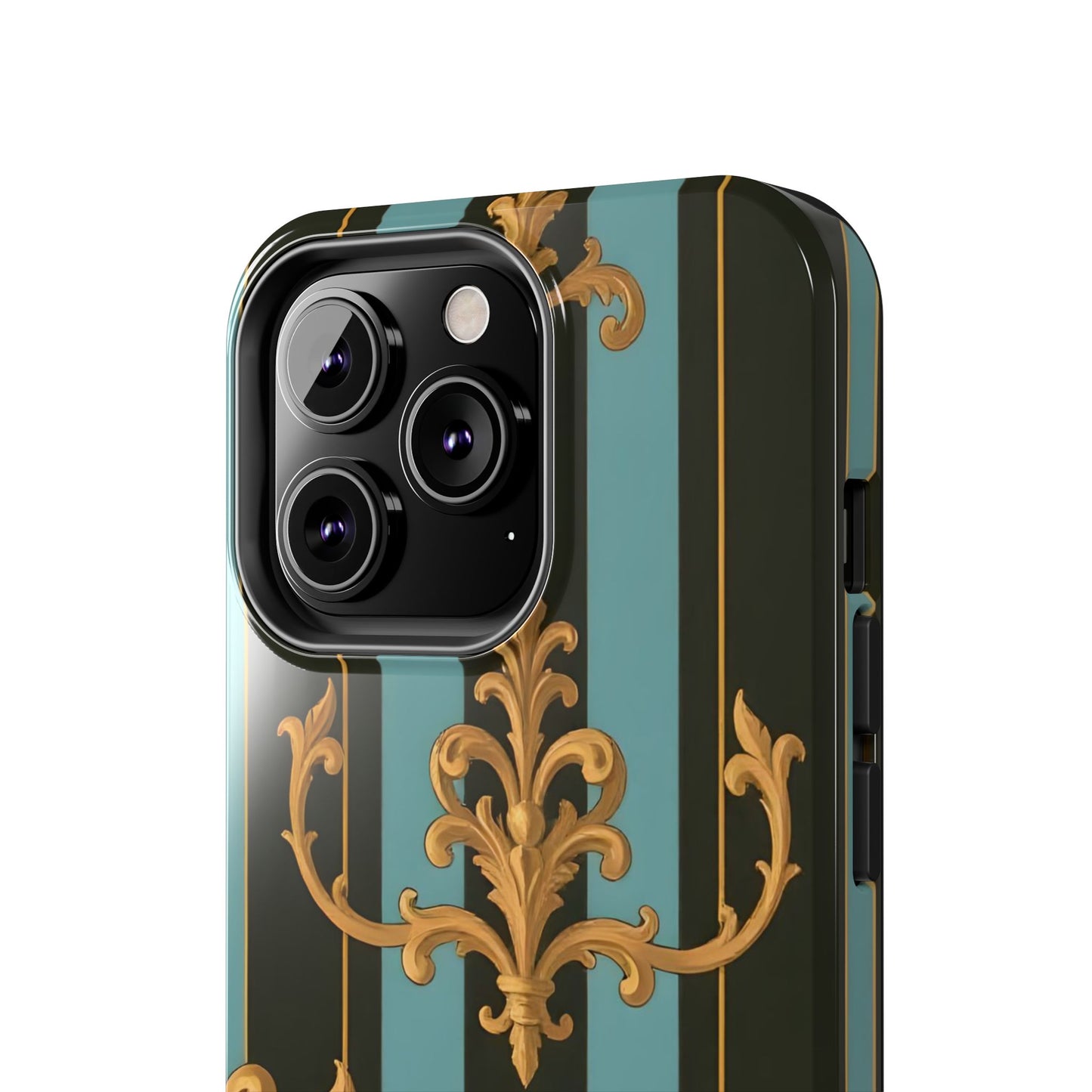 Elegant Baroque Tough Phone Case, Stylish Phone Cover, Durable iPhone Case, Unique Gift - Black & Turquoise Striped Baroque