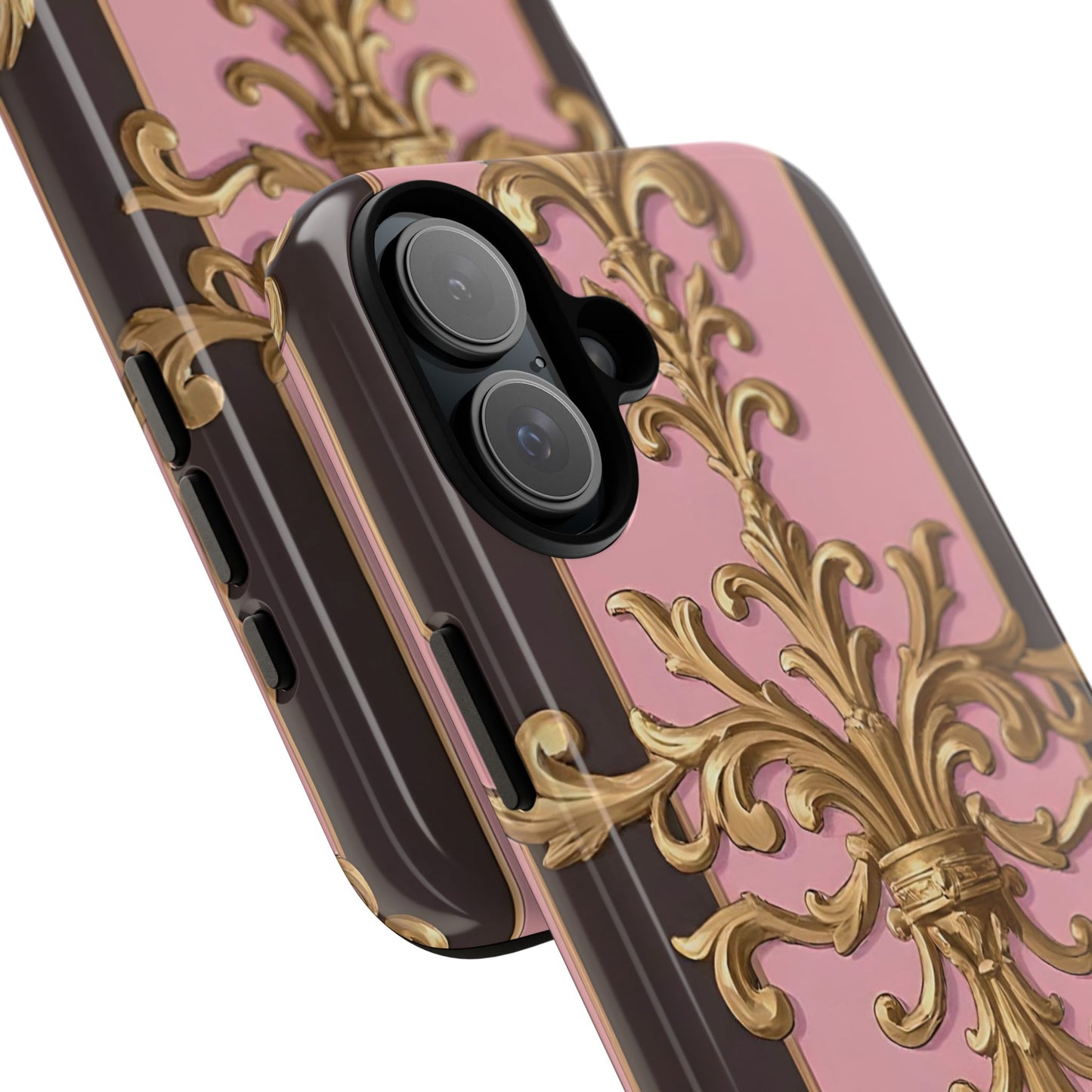 Elegant Floral Motif Phone Case - Tough Cases with Vintage Design - Pink & Brown Striped Gold Damask