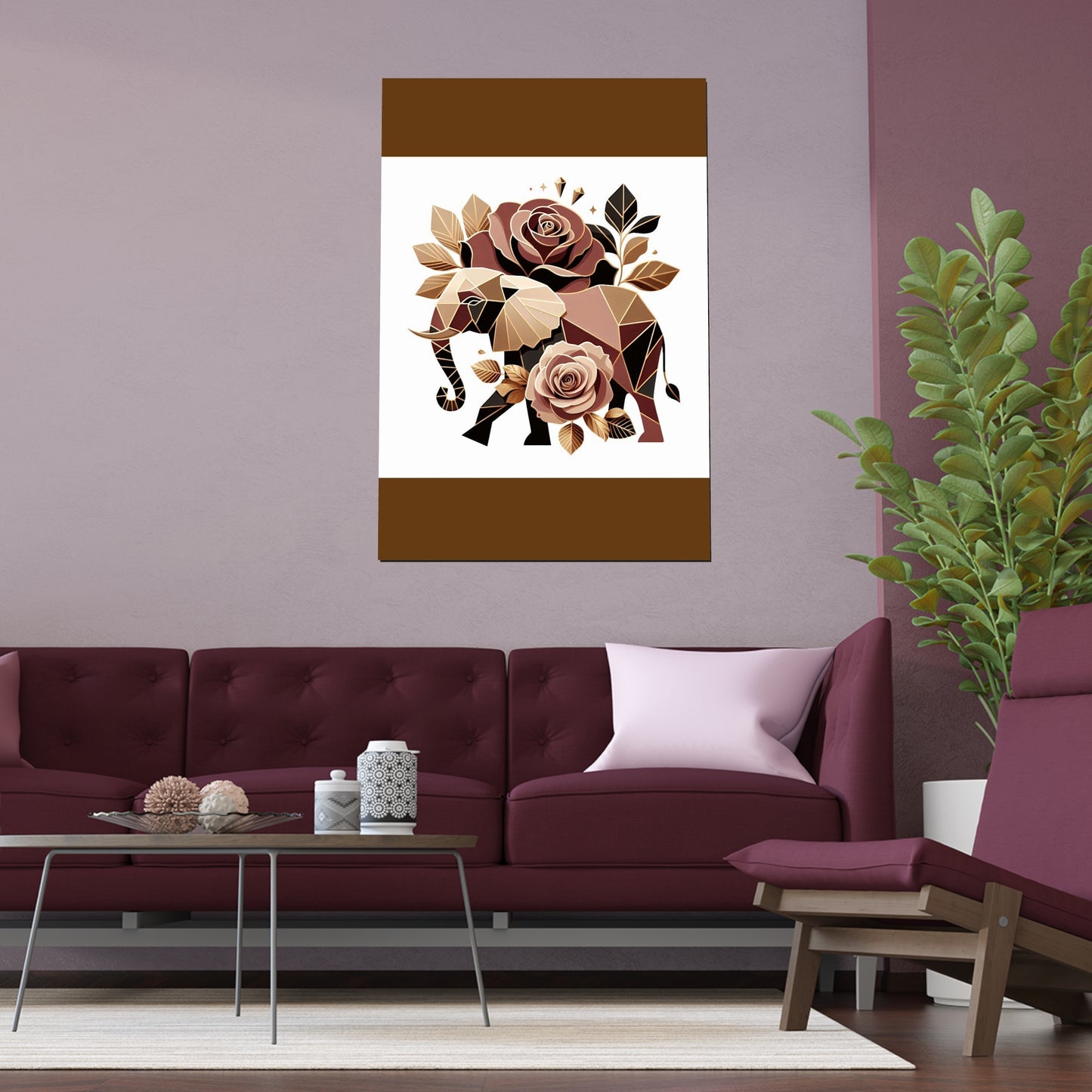 Elegant Floral Silk Poster - Indoor/Outdoor Wall Art for Home Decor - Brown & Gold Elephant & Roses