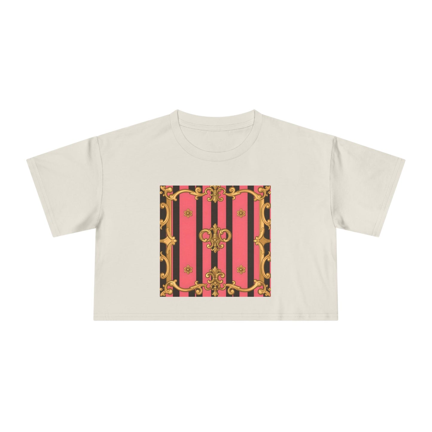 Chic Vintage-Inspired Women's Crop Tee, Stylish Summer Top, Trendy Fashion Tee, Baroque Casual Wear - Pink & Black Striped Gold Baroque