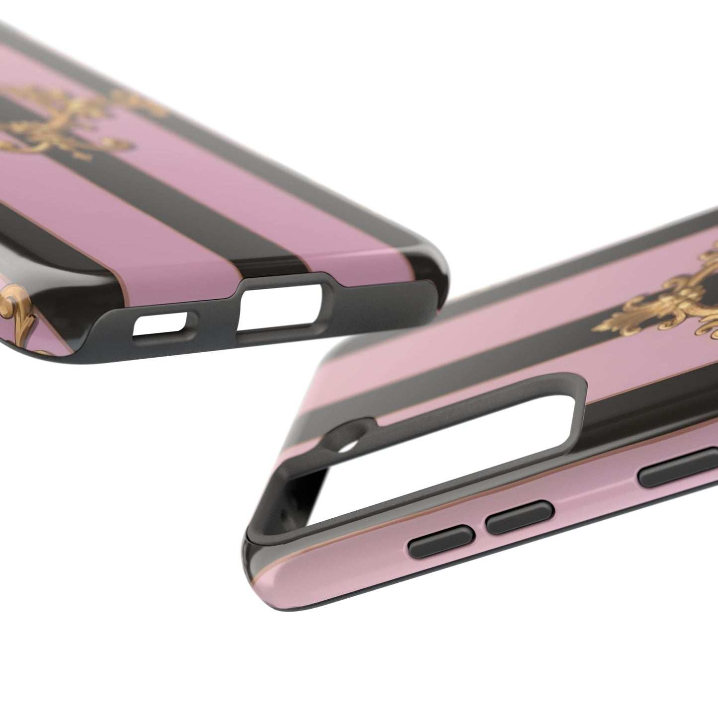 Stylish Tough Phone Case for Elegant Protection, Fashionable Accessories, Smartphone Cover - Matte Lavender & Black Striped Gold Baroque