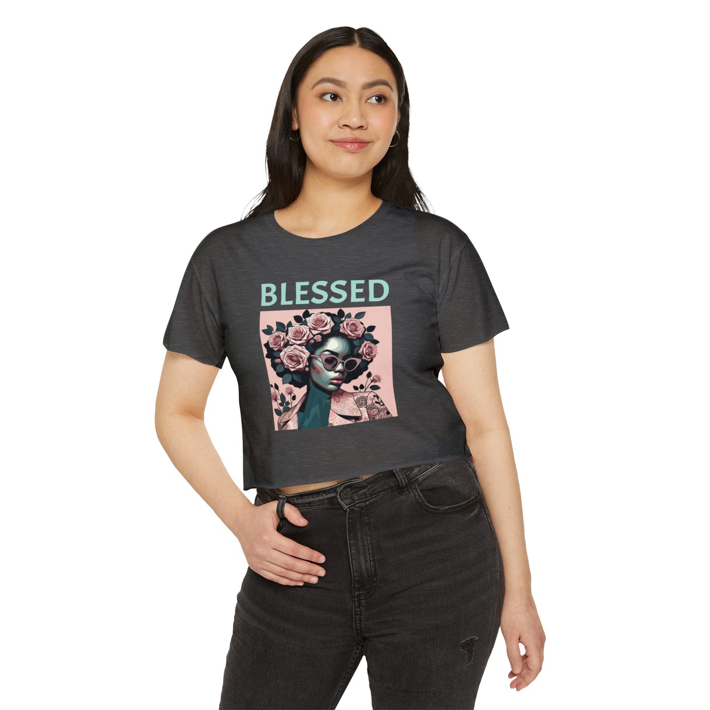Women's Festival Crop Top - Blessed Graphic Tee, Boho Style Shirt, Summer Outfit, Gift for Her, Festival Wear, Trendy Casual Top - Mint Lettering