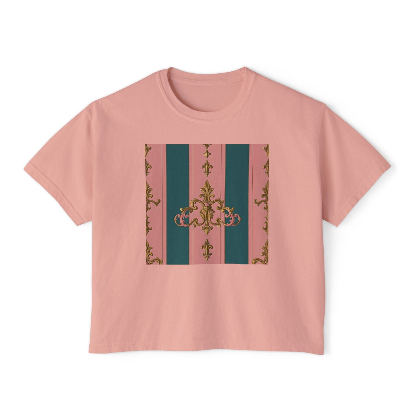 Chic Women's Boxy Tee with Elegant Floral Design, Casual Wear, Summer Fashion, Gifts for Her, Stylish Tee - Pink & Teal Striped Gold Baroque