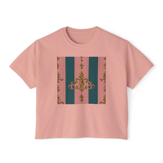 Chic Women's Boxy Tee with Elegant Floral Design, Casual Wear, Summer Fashion, Gifts for Her, Stylish Tee - Pink & Teal Striped Gold Baroque