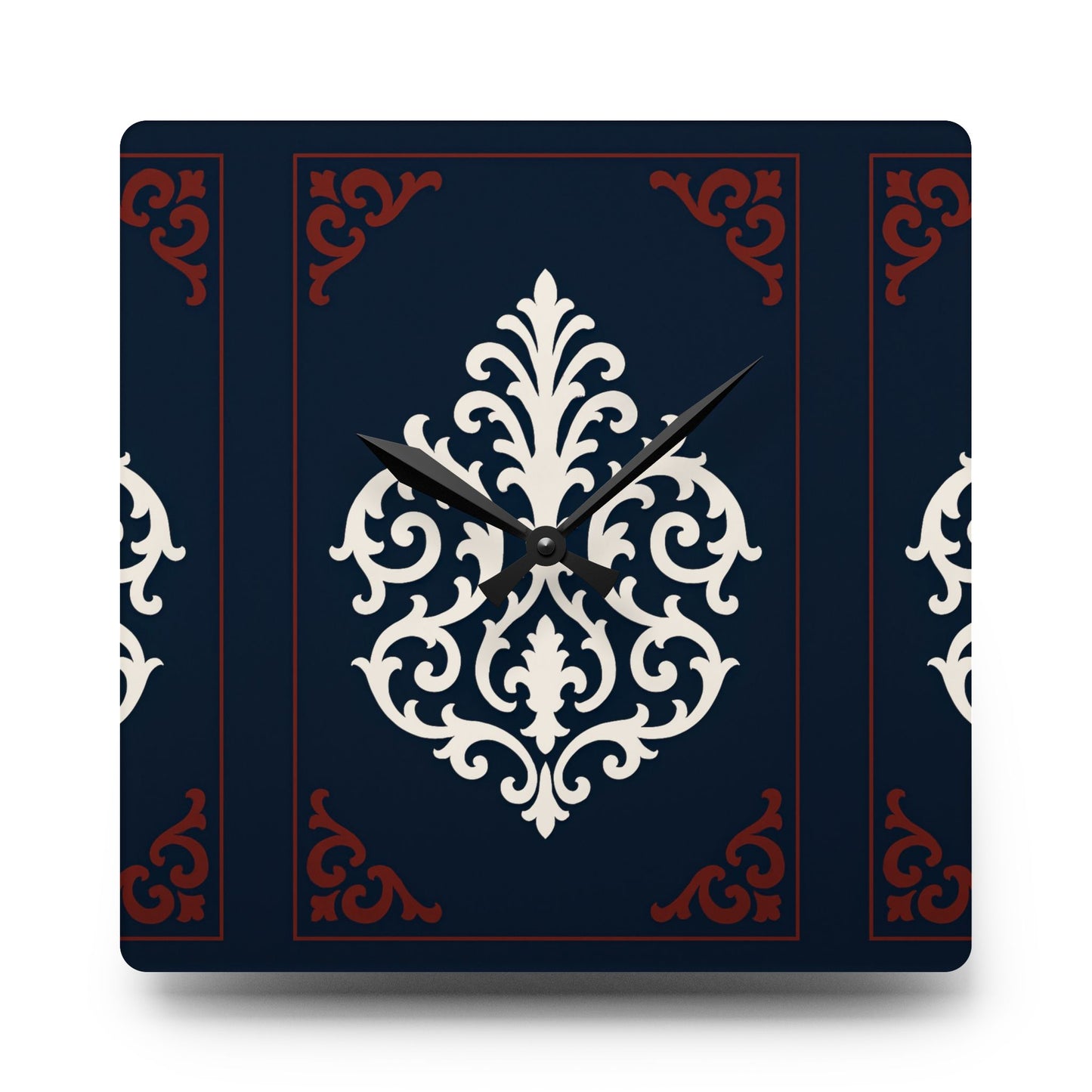 Dusk Blue-Maroon & White Baroque Acrylic Wall Clock — Navy & Ivory Decorative Timepiece