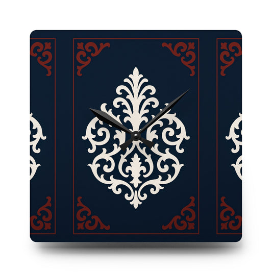 Dusk Blue-Maroon & White Baroque Acrylic Wall Clock — Navy & Ivory Decorative Timepiece