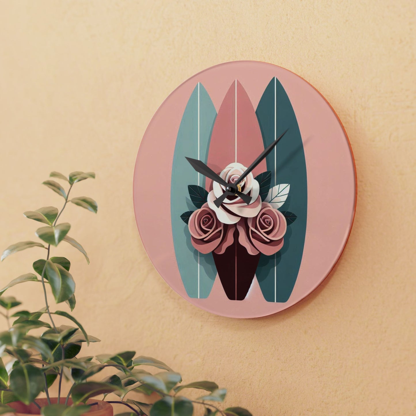 Bohemian Surf-Inspired Acrylic Wall Clock with Floral Design - Burgundy, Matte Mauve & Teal Surfboard & Roses Design