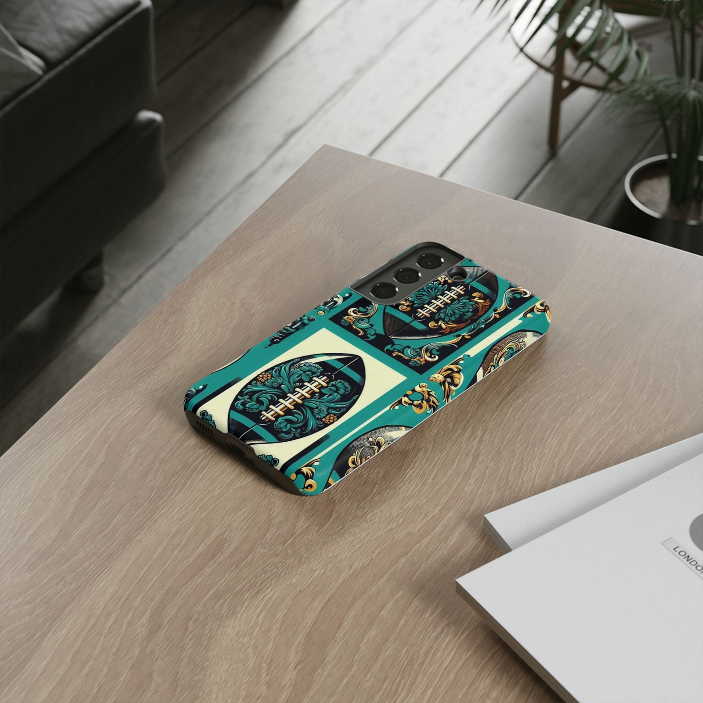 Elegant Floral Motif Phone Case - Tough Cases with Vintage Design -  Damask Teal, Gold & Black Footballs