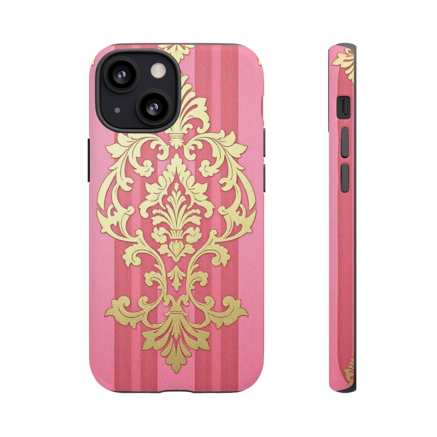 Elegant Floral Motif Phone Case - Tough Cases with Vintage Design - Pink Striped Damask