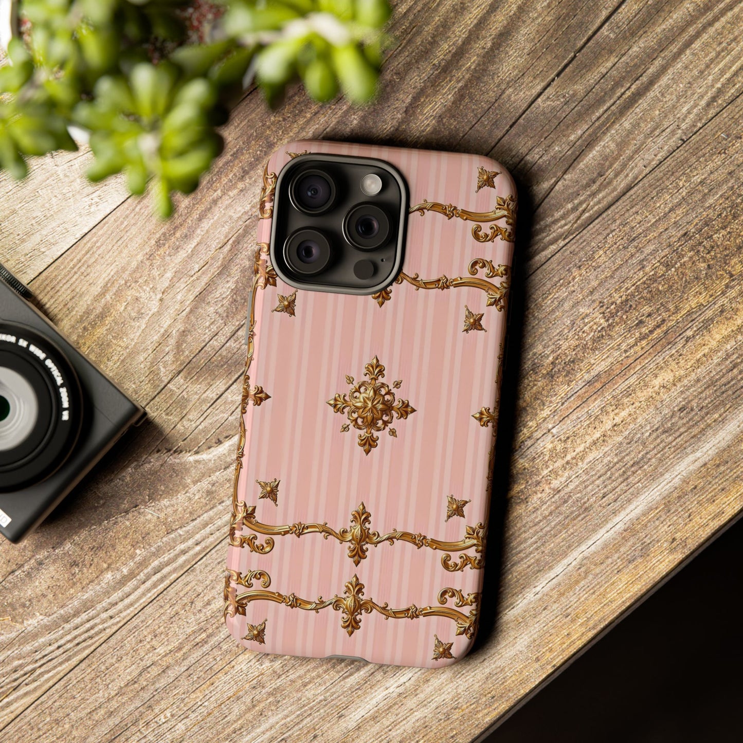 Elegant Floral Phone Case, Tough Cases for Women, Trendy Phone Cover, Chic Gift - Pink Striped Gold Baroque