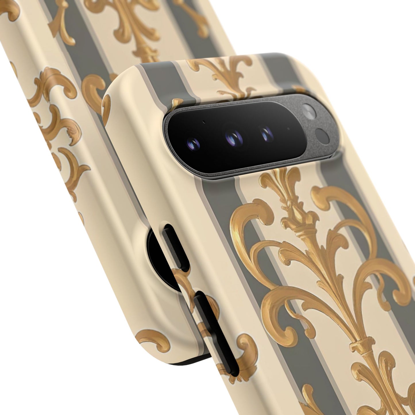 Elegant Floral Motif Phone Case - Tough Cases with Vintage Design - Dusk Olive Striped Gold Damask