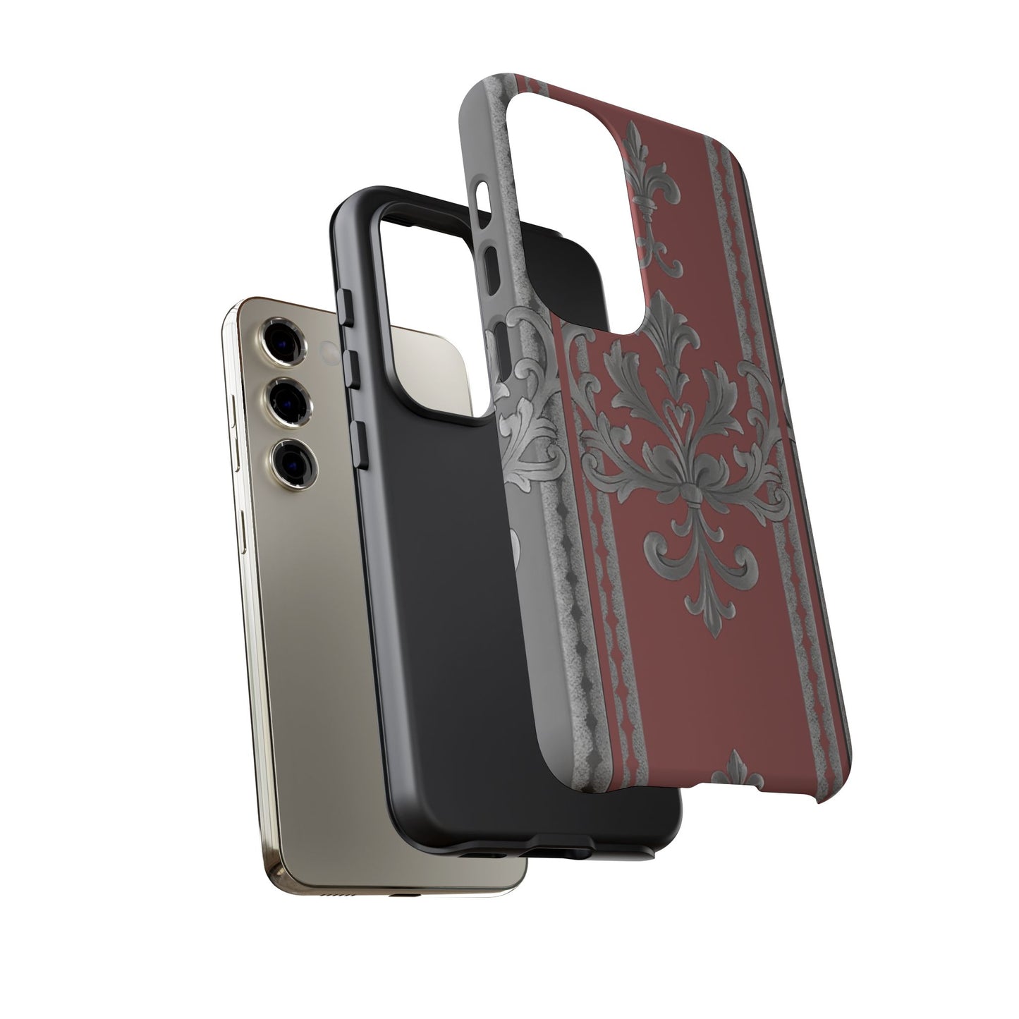 Elegant Floral Phone Case - Tough Cases for Stylish Protection - Gray & Mauve Striped Baroque