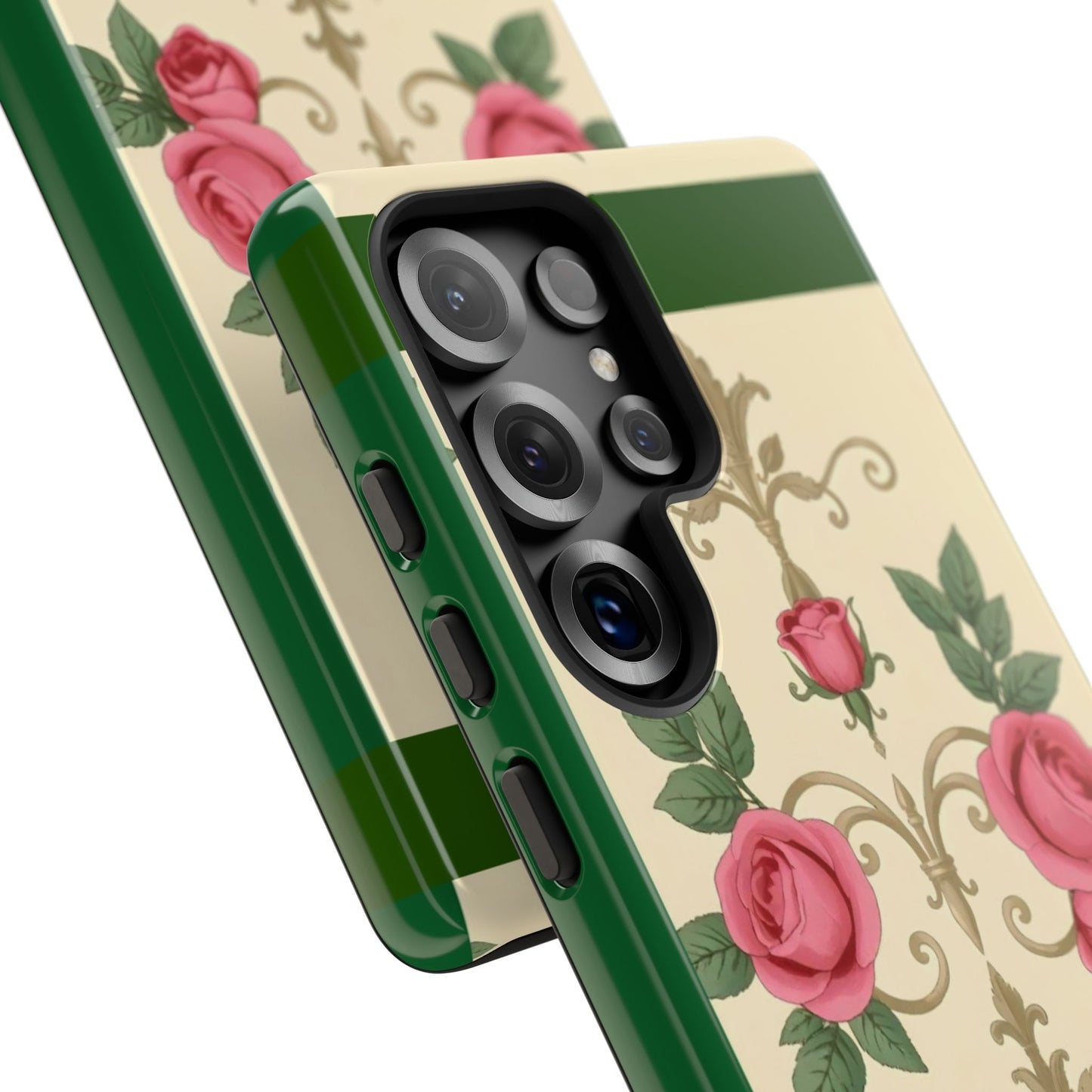 Elegant Floral Motif Phone Case - Tough Cases with Vintage Design - Green Border Roses & Damask