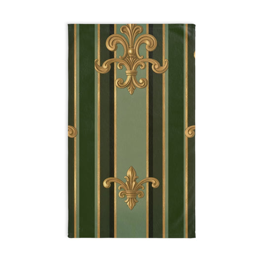Elegant Striped Hand Towel with Gold Accents - Vintage Home Decor, Kitchen Essentials, Gift for Hostess - Green Striped Gold Baroque
