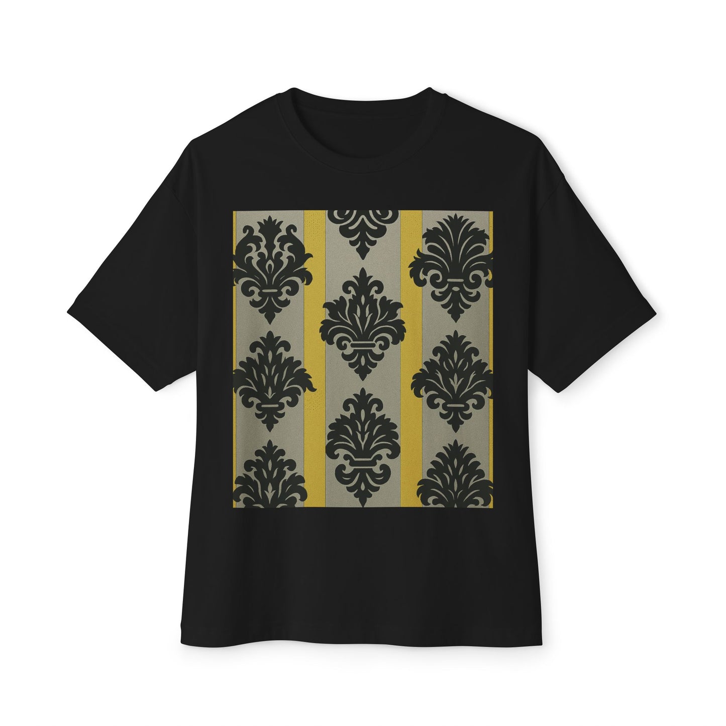 Chic Unisex Oversized Tee, Stylish Casual Wear, Statement Tee, Everyday Comfort, Fashion Gift - Silver & Gold Striped Black Baroque