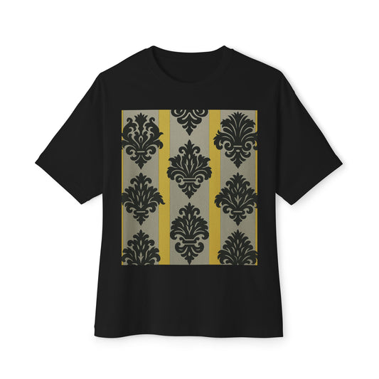 Chic Unisex Oversized Tee, Stylish Casual Wear, Statement Tee, Everyday Comfort, Fashion Gift - Silver & Gold Striped Black Baroque