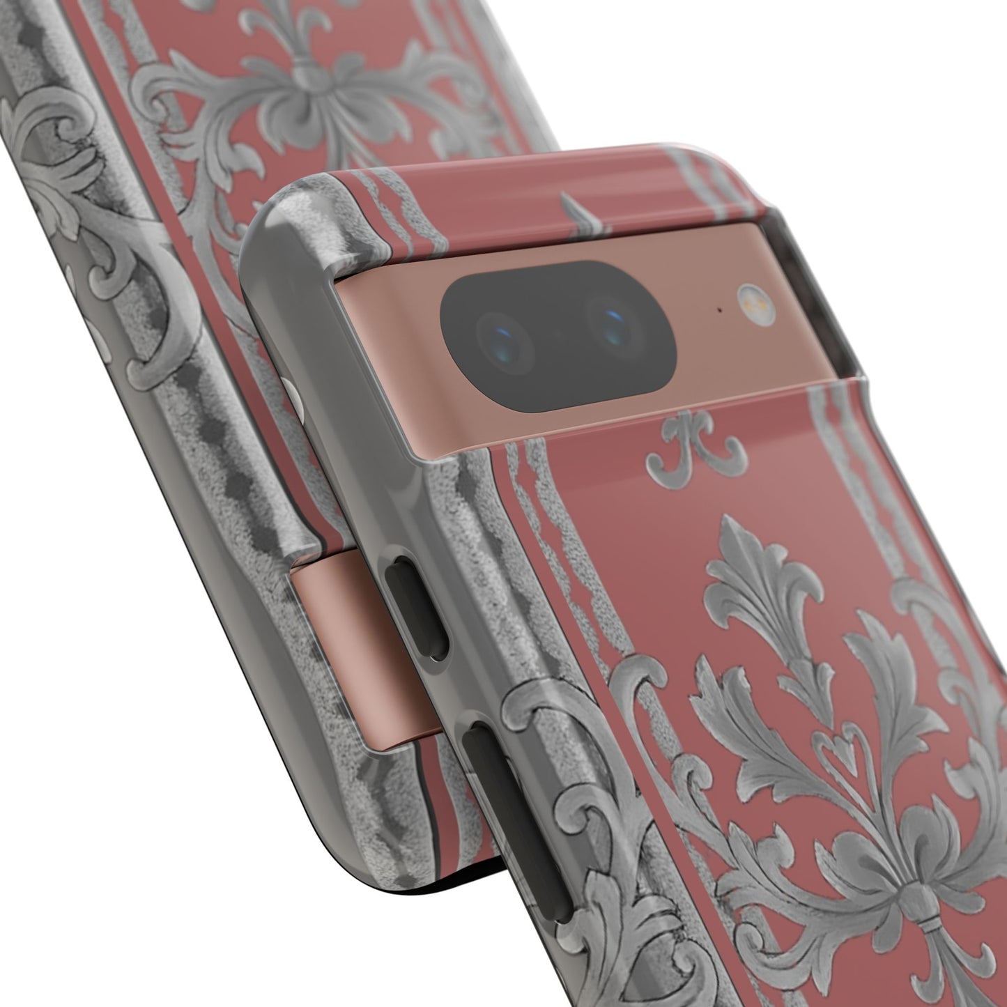 Elegant Floral Phone Case - Tough Cases for Stylish Protection - Gray & Mauve Striped Baroque