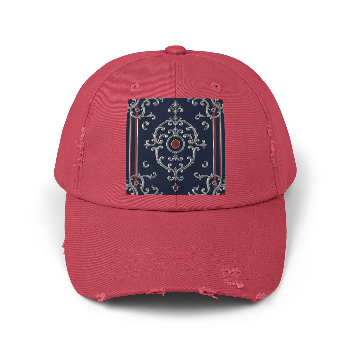 Stylish Unisex Distressed Cap with Ornate Design, Casual Hat for Outdoor Adventures, Beach Days - Blue & Red Silver Baroque