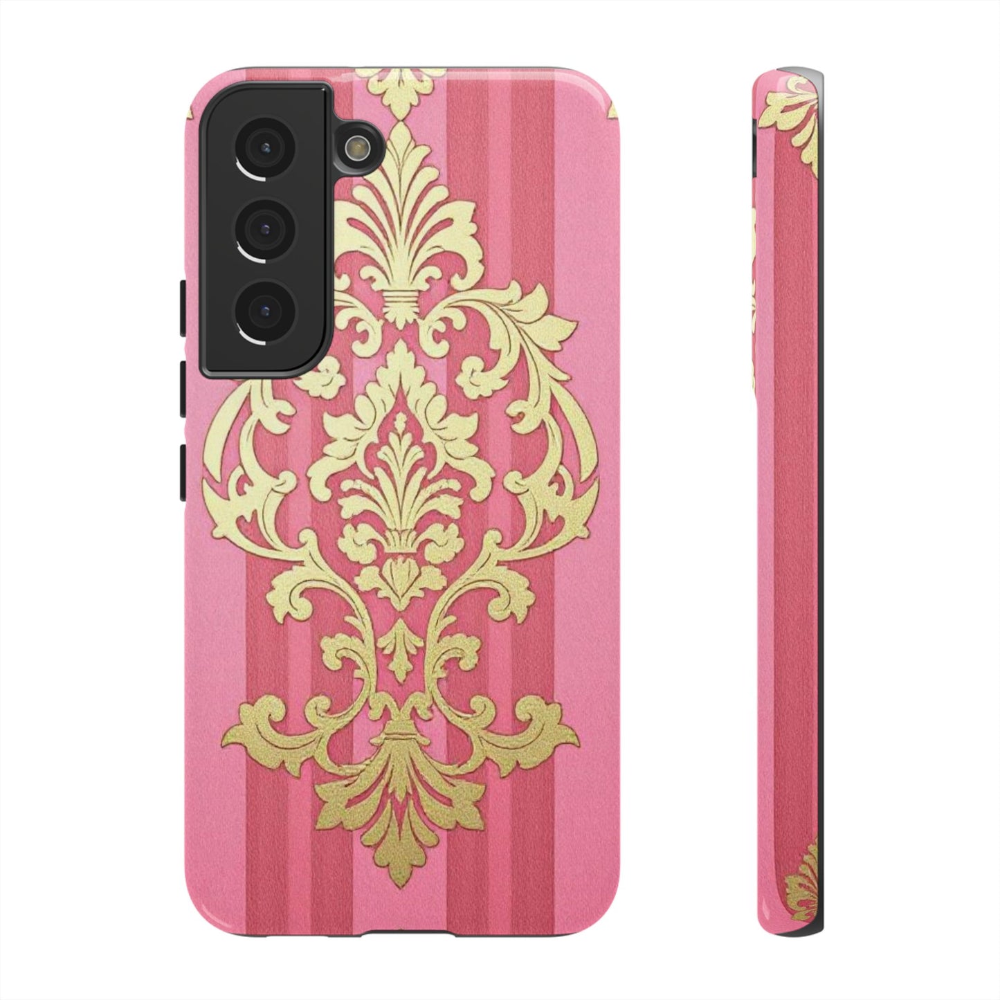 Elegant Floral Motif Phone Case - Tough Cases with Vintage Design - Pink Striped Damask