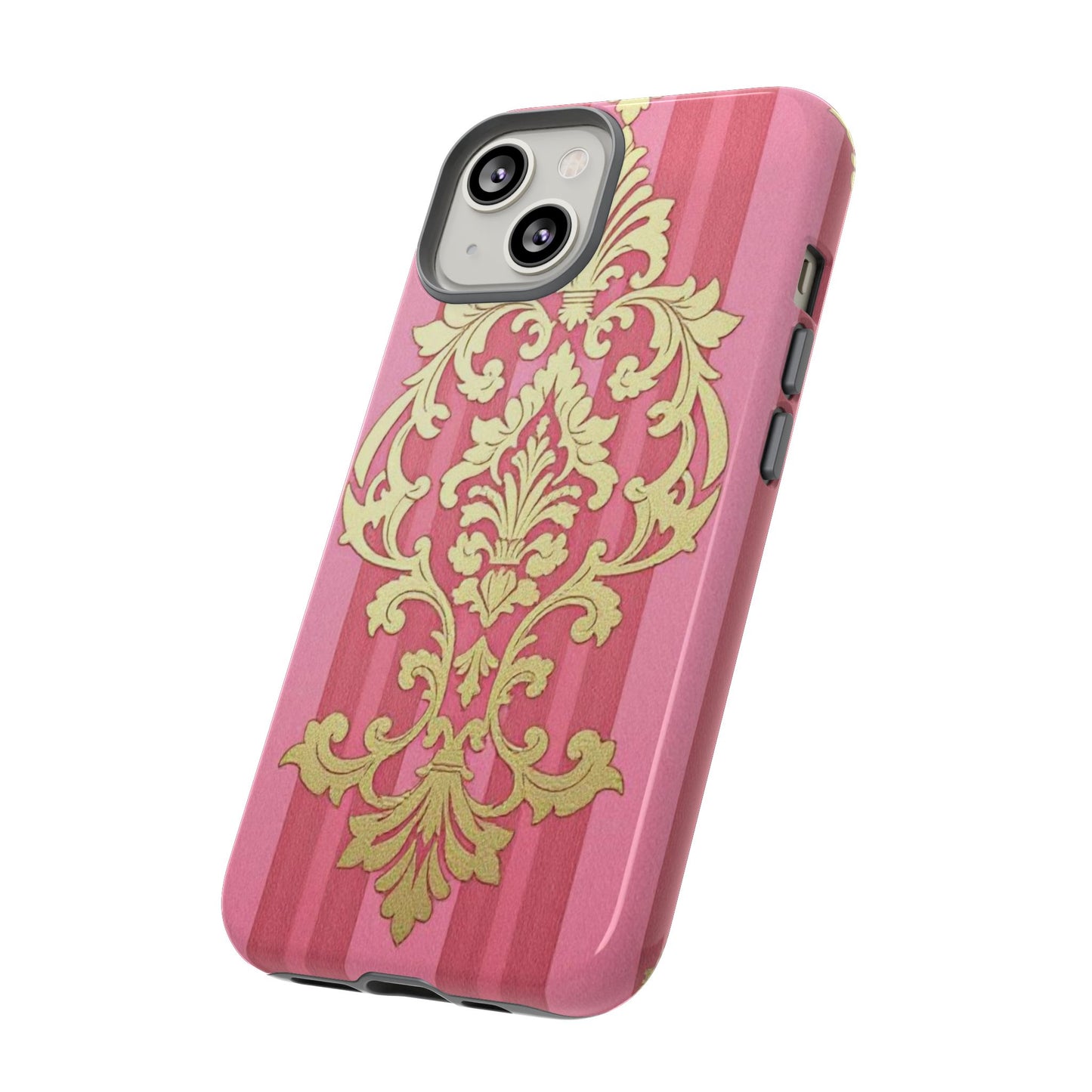 Elegant Floral Motif Phone Case - Tough Cases with Vintage Design - Pink Striped Damask
