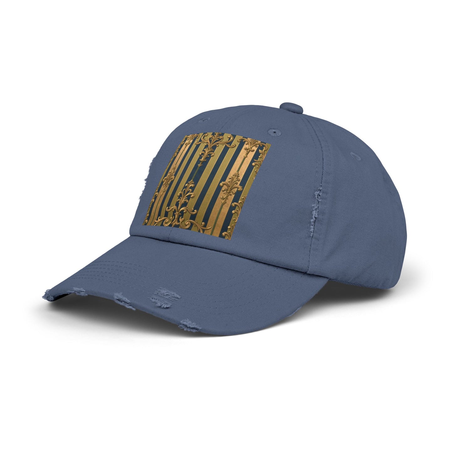 Stylish Midnight Blue & Olive Striped Gold Baroque Unisex Distressed Cap with Elegant Gold Accent, Fashionable Hat for Casual Days, Gift for Birthdays