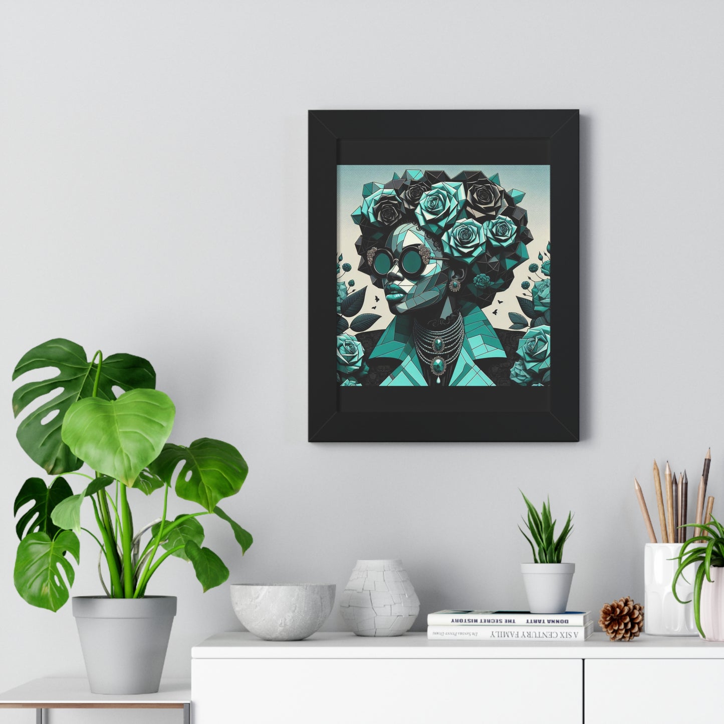 Framed Art Poster, Bohemian Home Decor, Wall Art for Living Room, Gift for Art Lovers, Unique Framed Wall Decor - Turquoise & Black Roses Lady