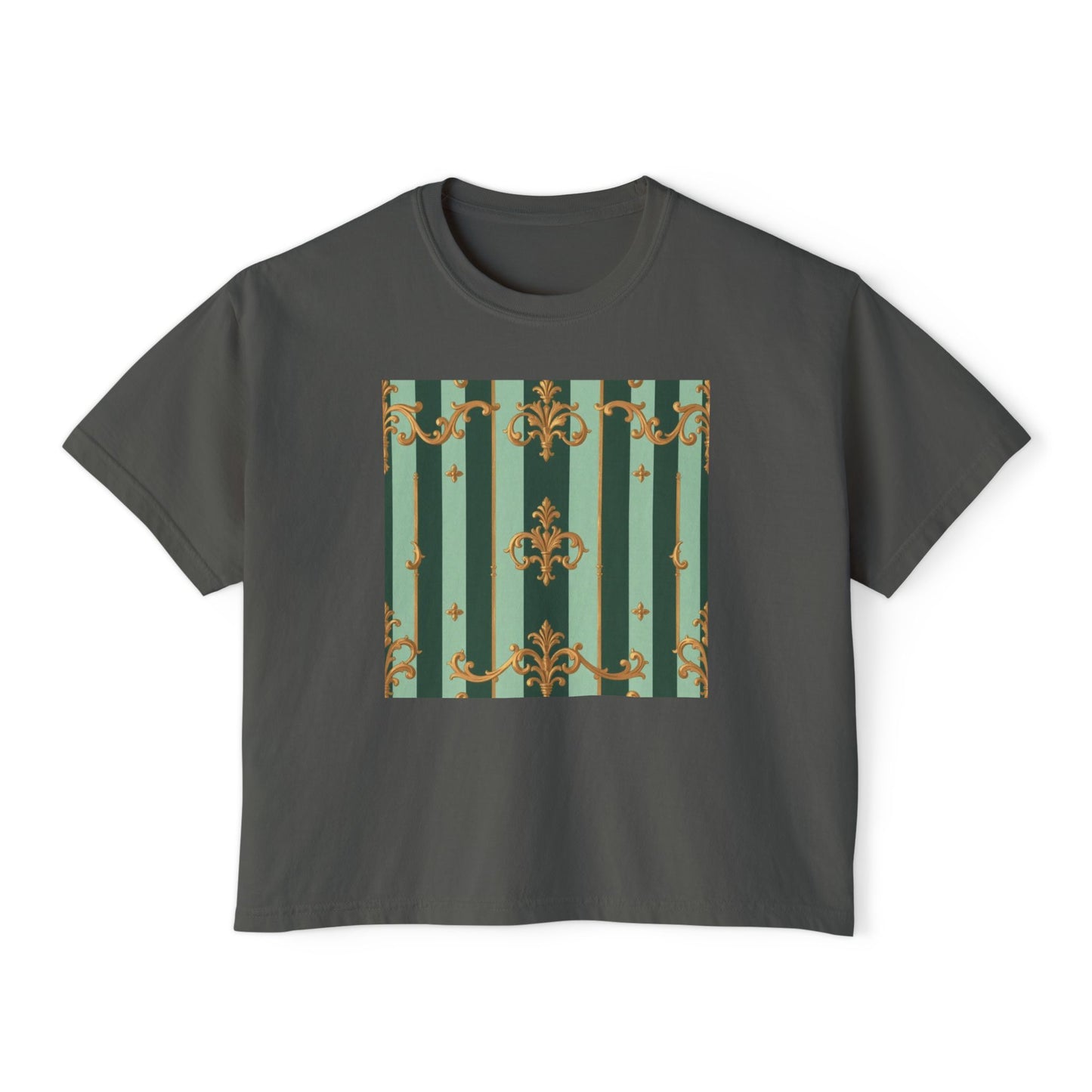 Chic Women's Boxy Tee, Vintage Inspired Tops, Casual Everyday Wear, Fashion for Her, Stylish Graphic Tee - Mint Green & Teal Striped Gold Baroque