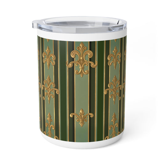 Elegant Insulated Coffee Mug | 10oz Vintage Design | Perfect for Home & Office, Gift for Coffee Lovers, Wedding Favor - Green Striped Gold Baroque