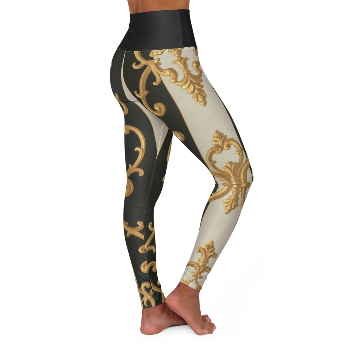 Elegant Black & Alabaster Striped Baroque High Waisted Yoga Leggings, Premium Activewear, Workout Leggings, Stylish Gym Pants