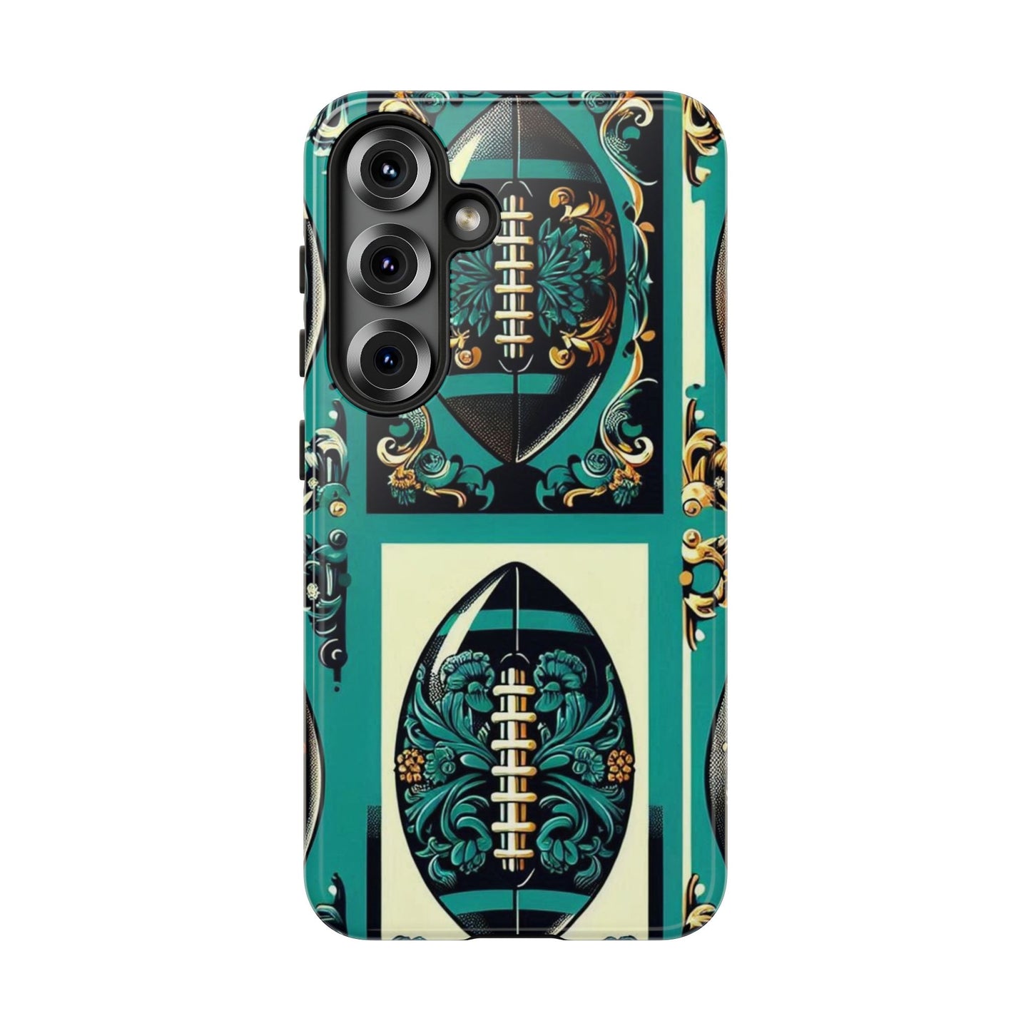 Elegant Floral Motif Phone Case - Tough Cases with Vintage Design -  Damask Teal, Gold & Black Footballs