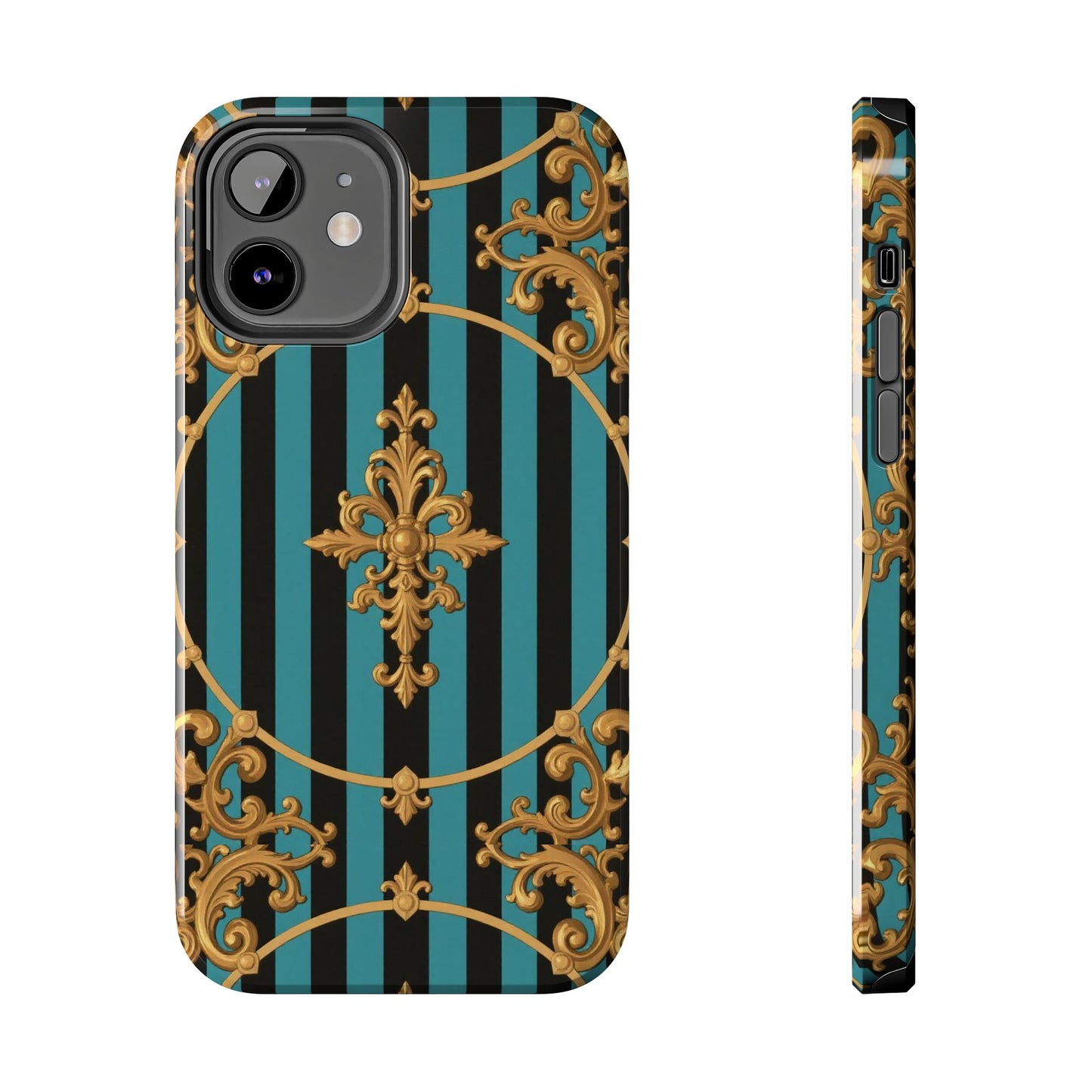 Elegant Turquoise & Black Striped Gold Baroque Phone Case, Tough Phone Cases for Fashion Lovers, Gift for Her, Luxury Accessories