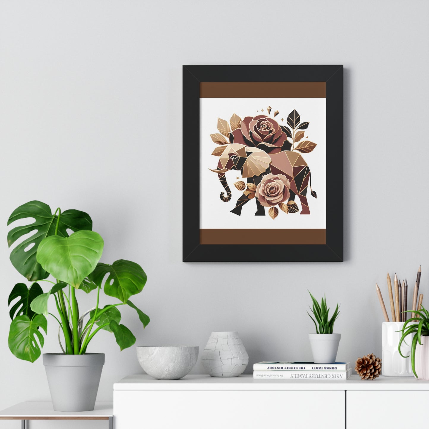 Vertical Poster - Brown & Gold Elephant & Roses Wall Art
