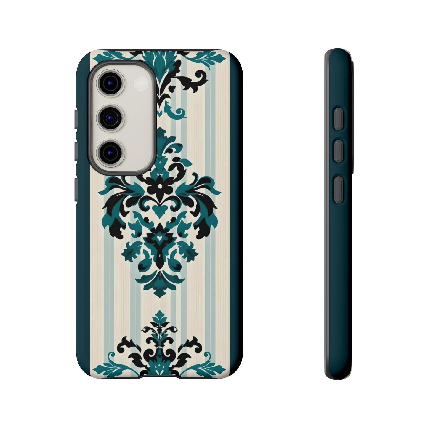 Elegant Floral Phone Case - Tough Cases with Vintage Design - Teal Striped Damask