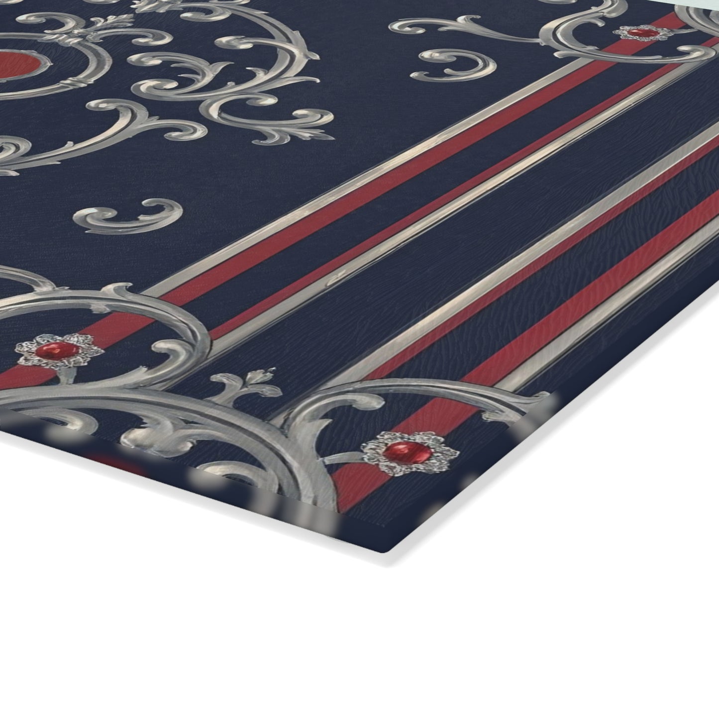 Elegant Glass Cutting Board, Decorative Kitchen Art, Housewarming Gift, Unique Kitchen Decor, Serving Tray - Blue & Red Striped Silver Baroque