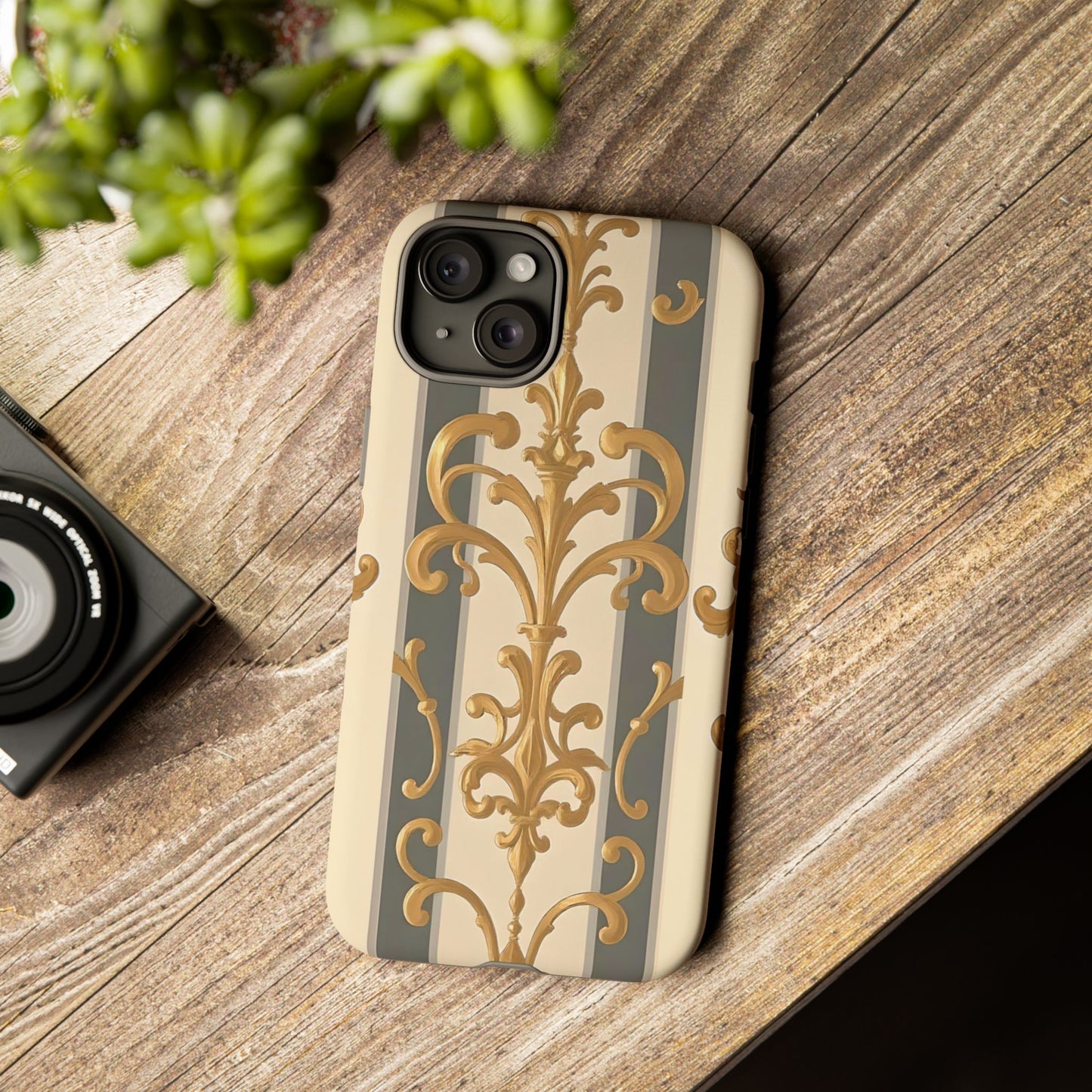 Elegant Floral Motif Phone Case - Tough Cases with Vintage Design - Dusk Olive Striped Gold Damask