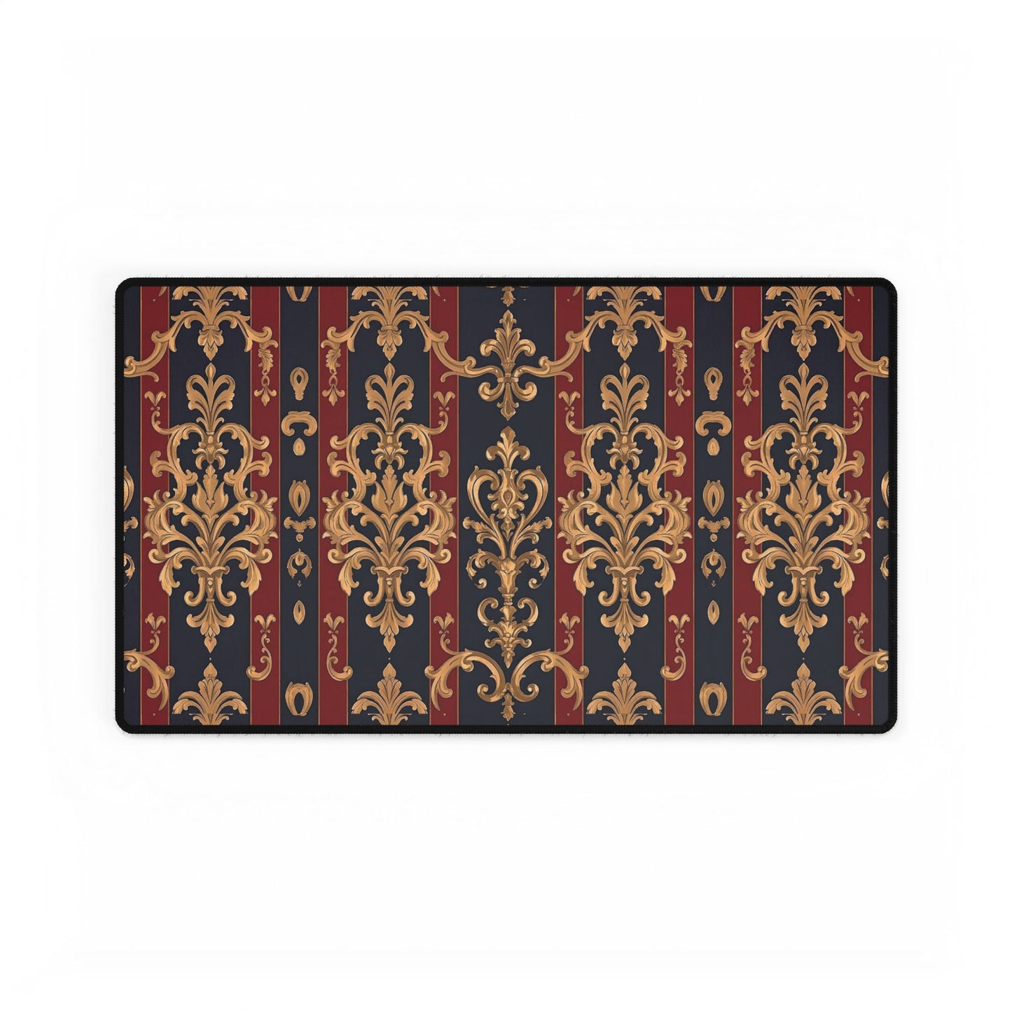 Elegant Floral Motif Desk Mat for Home Office Decor - Midnight Blue & Dusk Red Striped Gold Damask