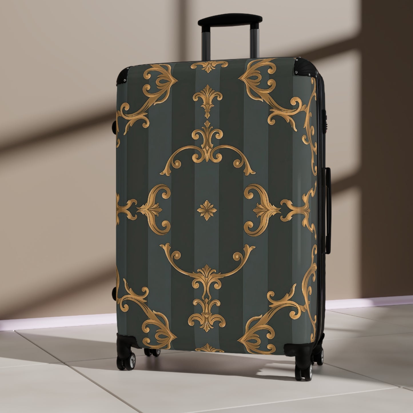 Elegant Vintage Design Suitcase - Travel Accessories, Luggage, Personalized Gift, Vacation Travel - Gray Striped Baroque
