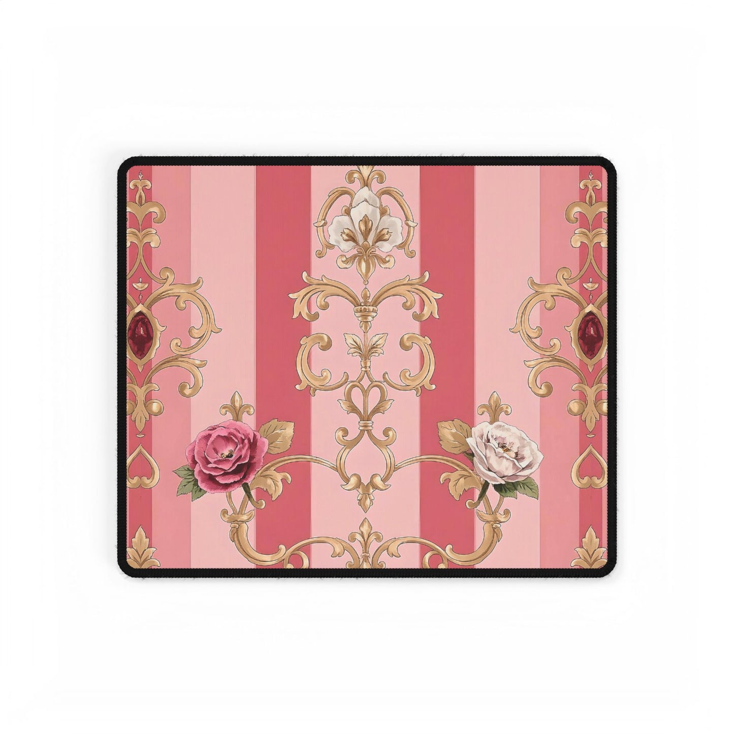 Elegant Floral Motif Desk Mat for Home Office Decor - Pink Striped Roses & Damask