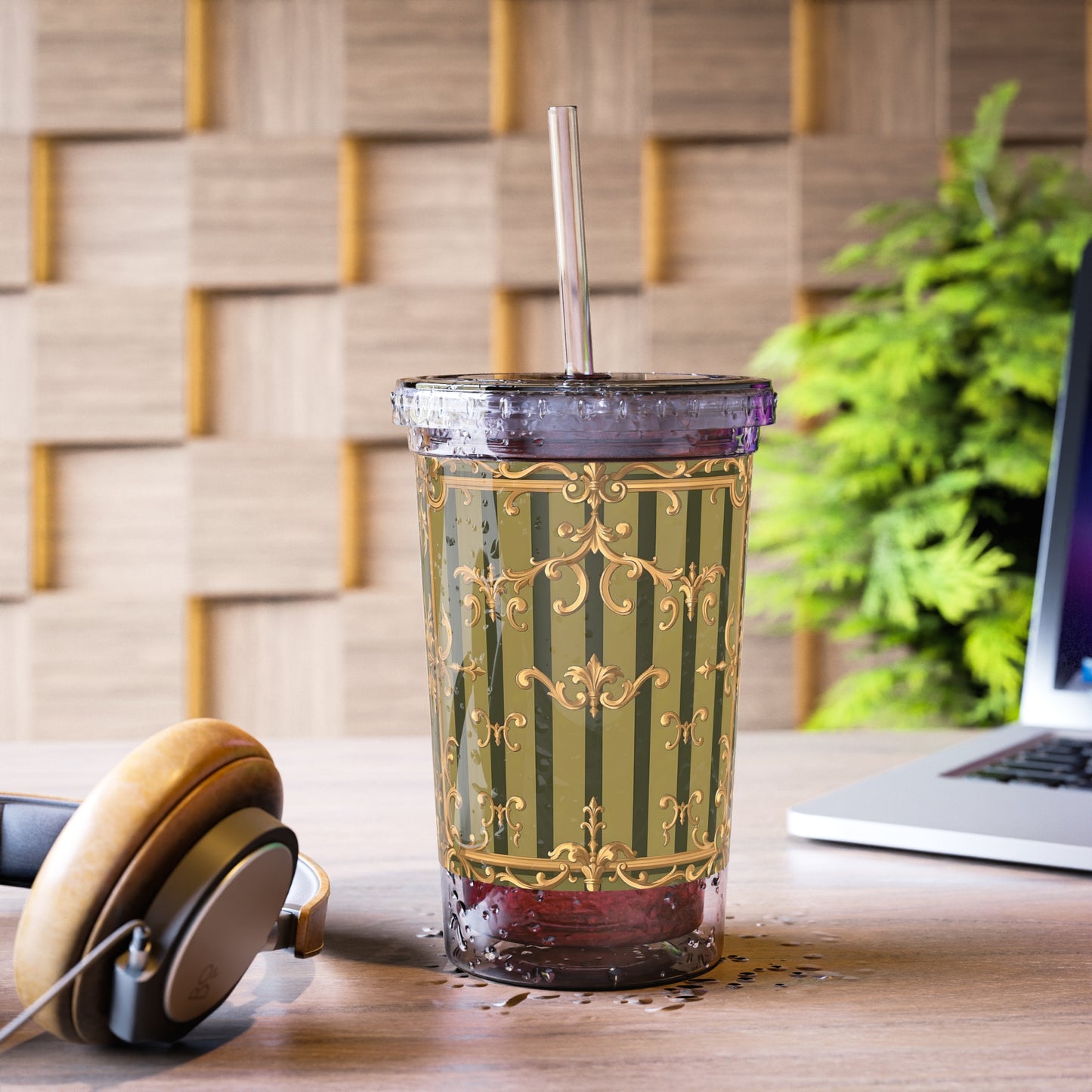 Elegant Acrylic Tumbler with Vintage Design, Stylish Drinkware for Home, Office, Gifts, Parties, Events, Eco-Friendly - Olive Green Striped Rococo
