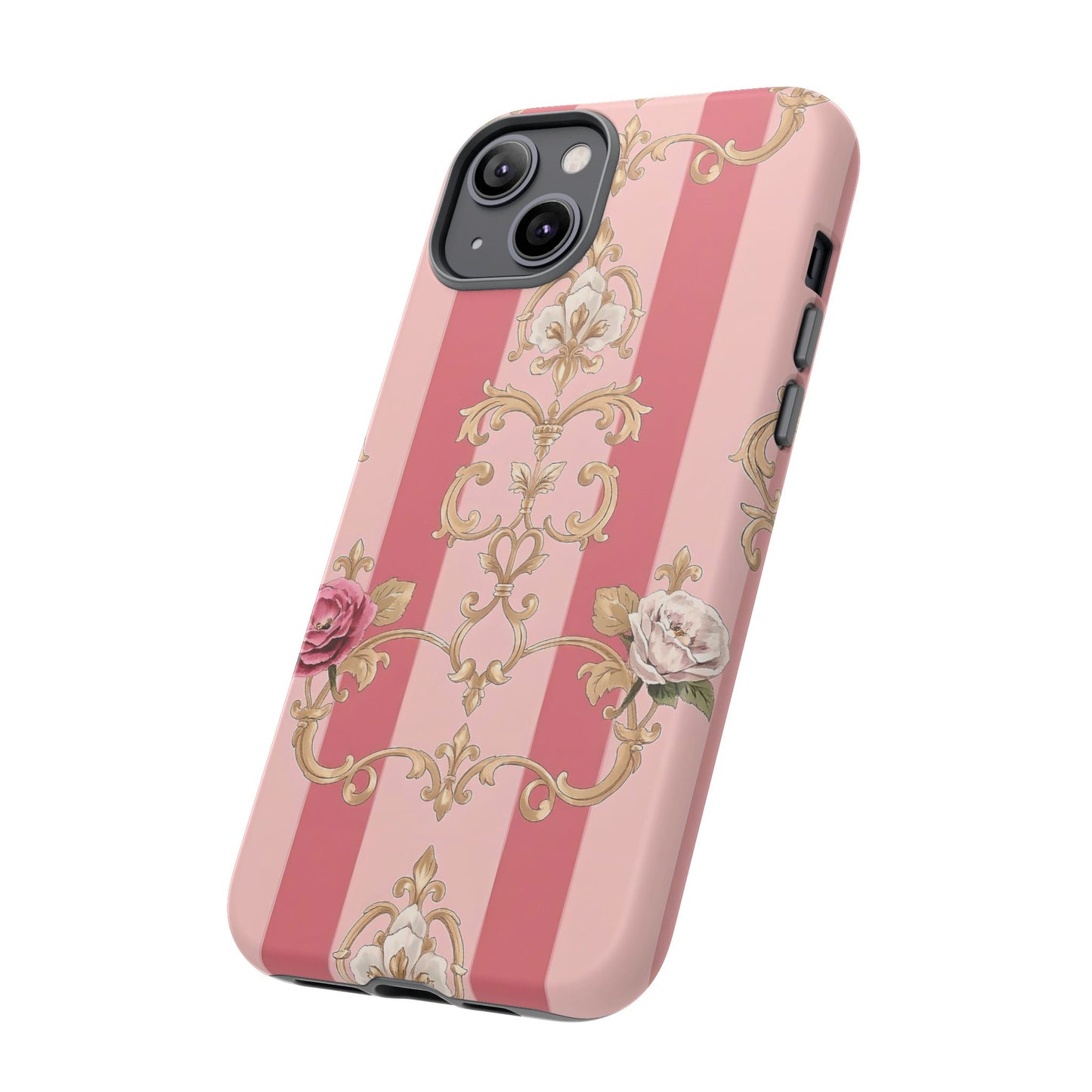 Elegant Floral Motif Phone Case - Tough Cases with Vintage Design - Pink Striped Roses & Damask