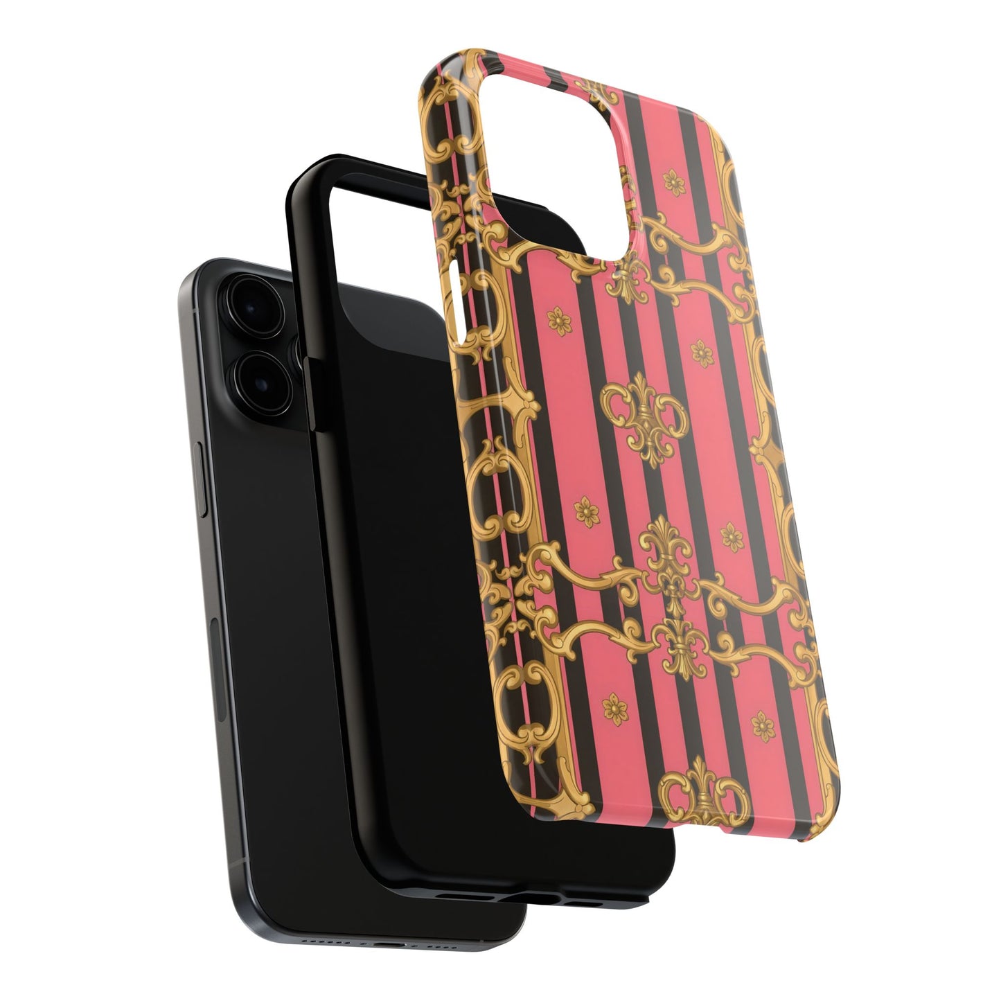 Elegant Baroque Tough Phone Cases, Stylish Protection, Gift for Her, Trendy Accessory - Pink & Black Striped Gold Baroque