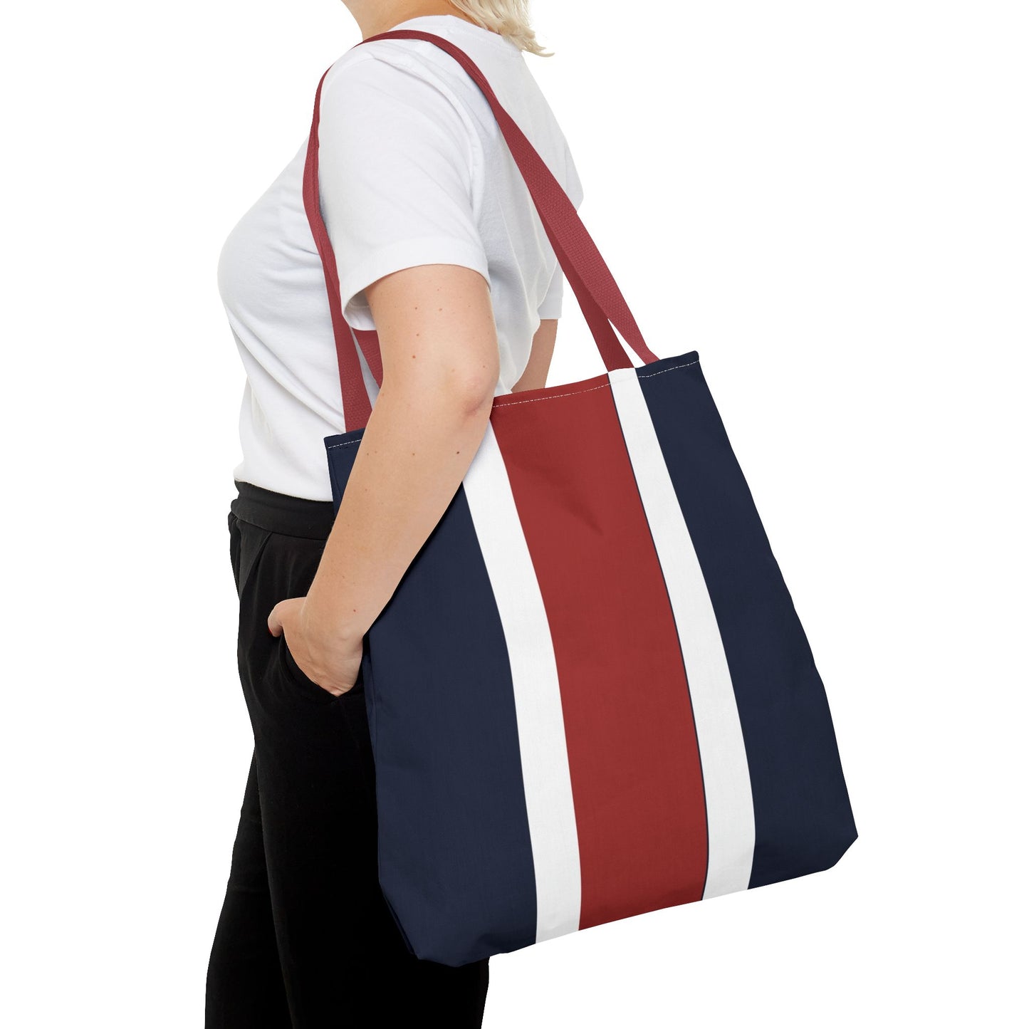 Lunar Midnight & Red-White Striped Tote Bag, Summer Beach Bag, Casual Shopping Tote, Patriotic Gift for Her, Travel Accessory