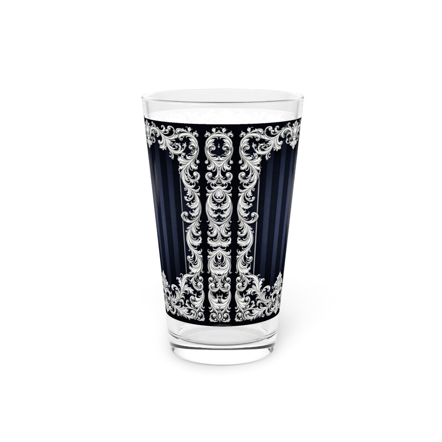 Navy Stripes & Baroque Pint Glass – Ornate Vintage Frame 16oz